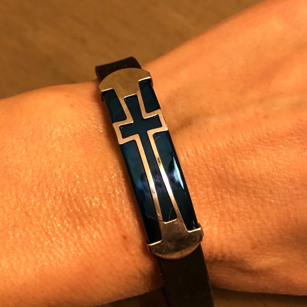 Men's Stainless Steel Black and Silver Tone Metallic Blue Cross Bracelet